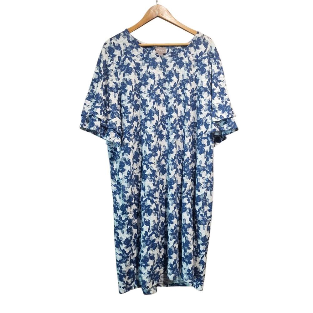 NWT Chico's Dress Women's XXL Blue Floral Ruffle Sleeve Cotton Modal At Knee